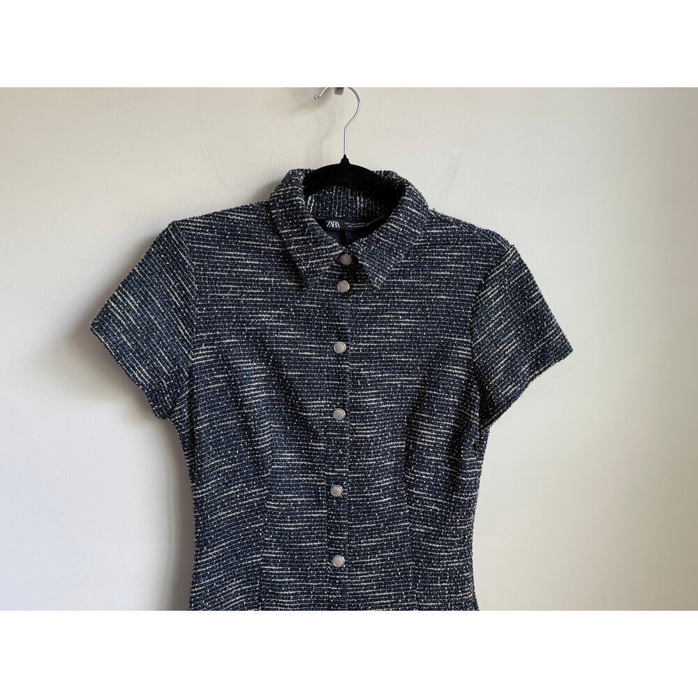 Zara Short Sleeve Collared Ruffle Hem Button-Up Tweed Mini Dress Navy White S - Picture 5 of 10